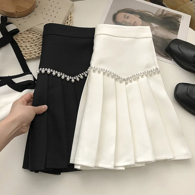 Faldas plisadas de cintura alta para Mujer, Faldas cortas coreanas con diamantes, color blanco y negro, 2024