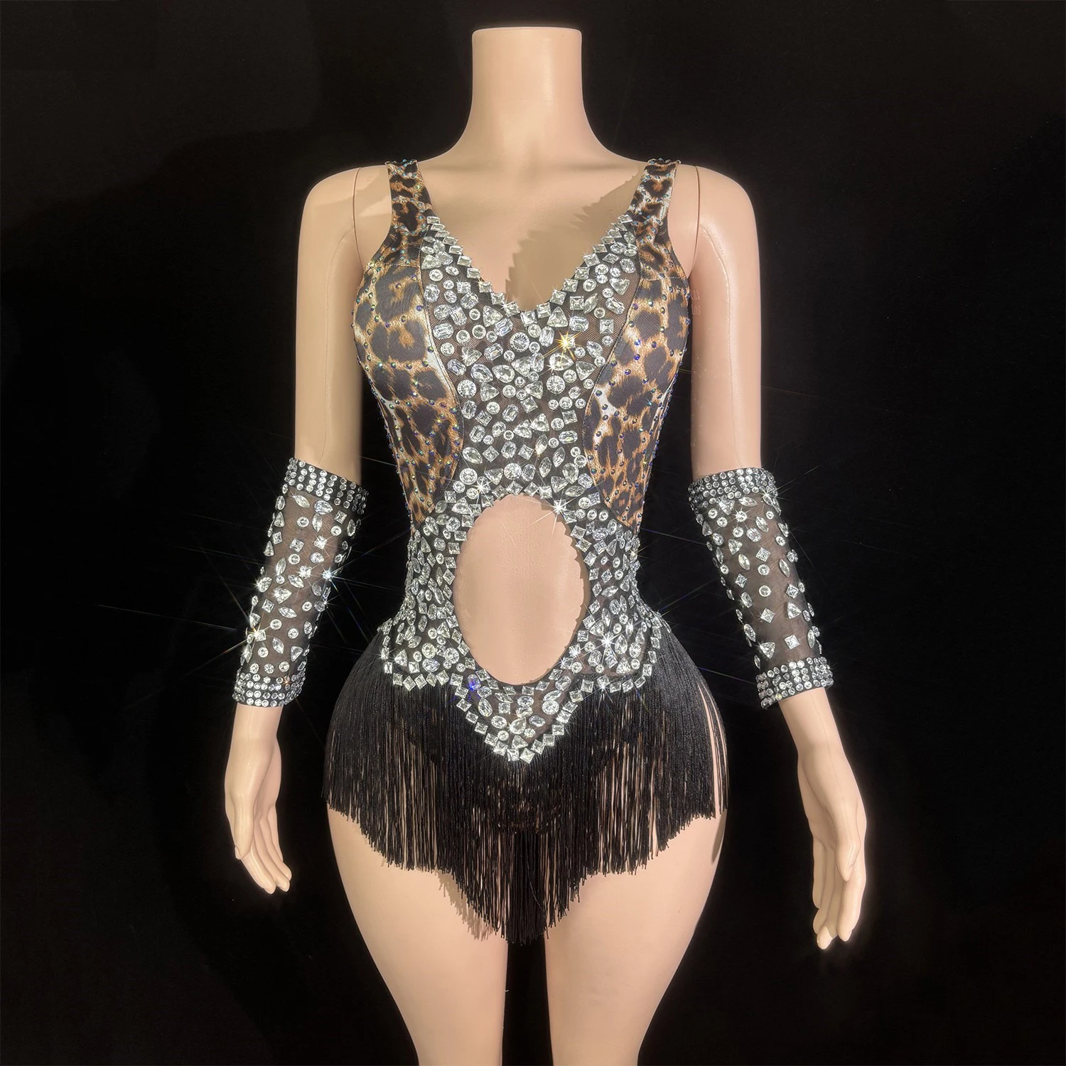 Seksowne body z lamparciami w panterkę, zdobione dżetami, kostiumy dla zespołów tanecznych, stroje sceniczne dla DJ-ek i tancerki gogo do klubów nocnych i barów DN21519