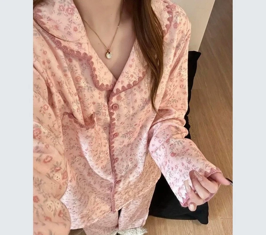 New Autumn Cloud Cotton Double Long Pink Floral Cardigan Cute Simple Comfortable Homewear Women's Set for Spring and Autumn