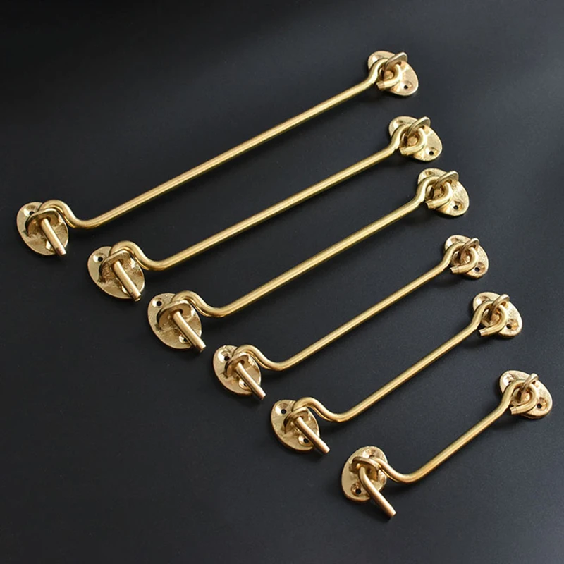 

Cheap Stock 10PCS Solid Brass Antique Cabin Hooks And Eye Door and Window Windproof Hook Shed Gate Door Catch Holder + Screws