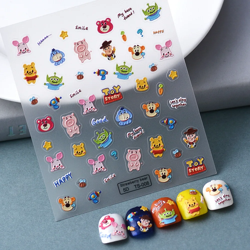 

New 5D Embossed Anime Winnie the Pooh Mickey Nail Stickers Nail Decorative Nail Parts Disney Princess Cartoon Bear Nail Decals