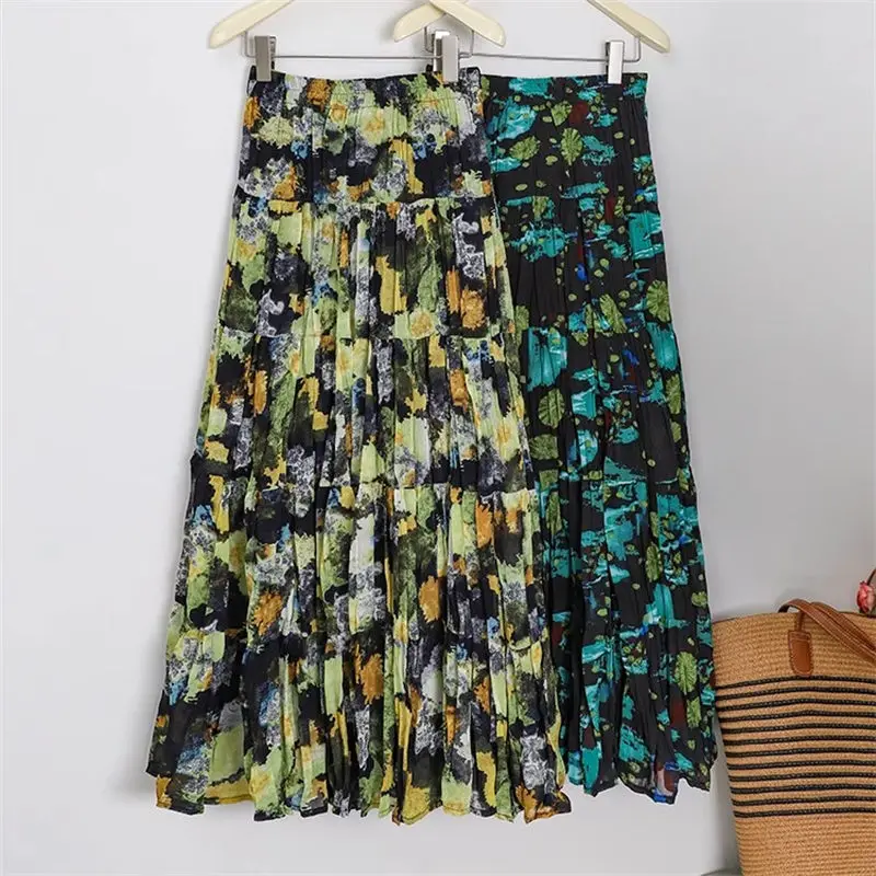 Bohemian Ink Print Skirt For Women 2024 Summer Fashion Elastic High Waist Slimming Floral Skirt Midi Saias Feminino K2152