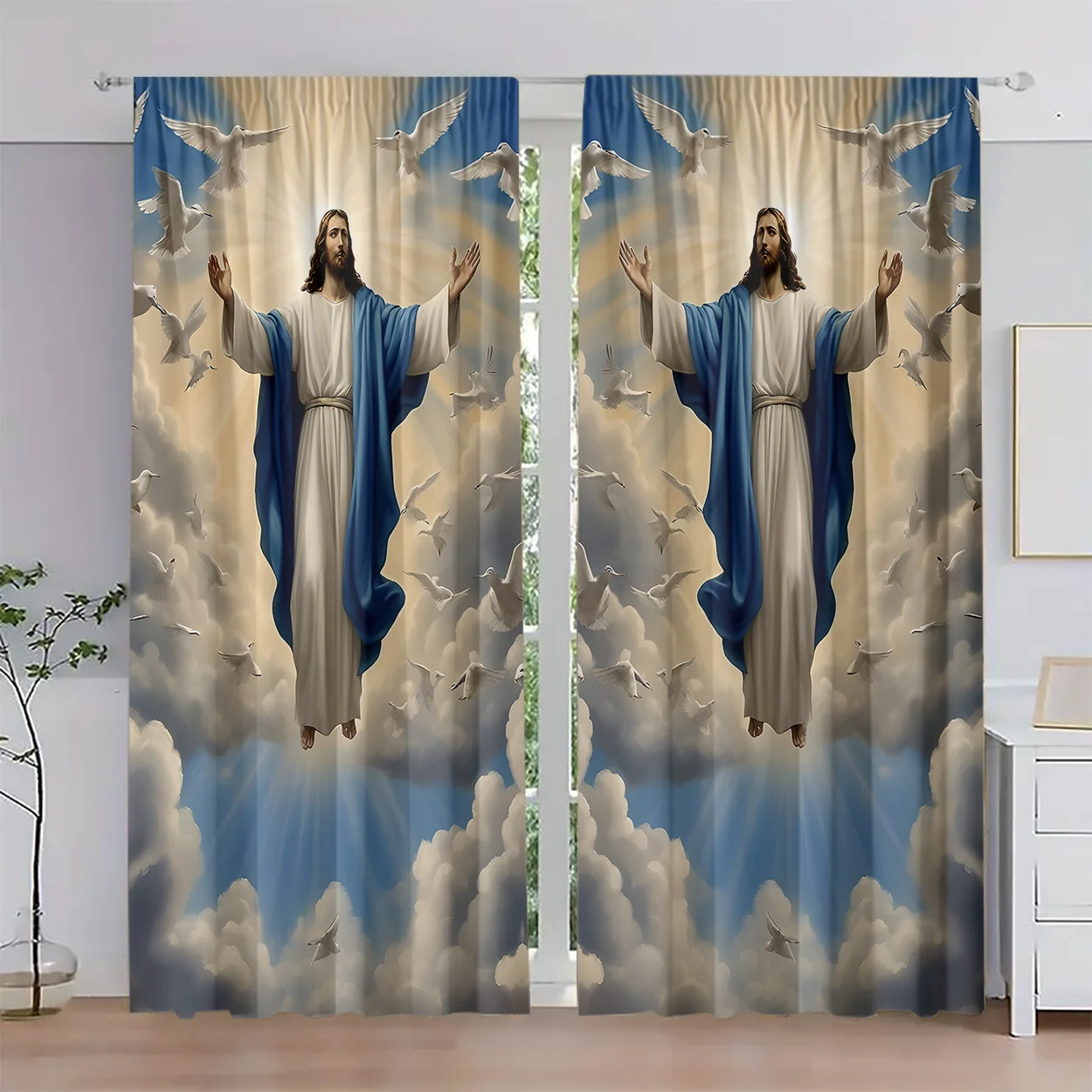 2 Panels Jesus Christ Printed Curtains, Religious Christian Window Drapes with Doves for Living Room Bedroom Home Decor
