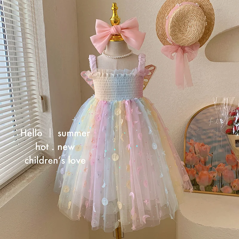 Korean Style New Summer Baby Girl Princess Dress Square Collar Mesh Sleeveless Dresses Children Clothing E23076