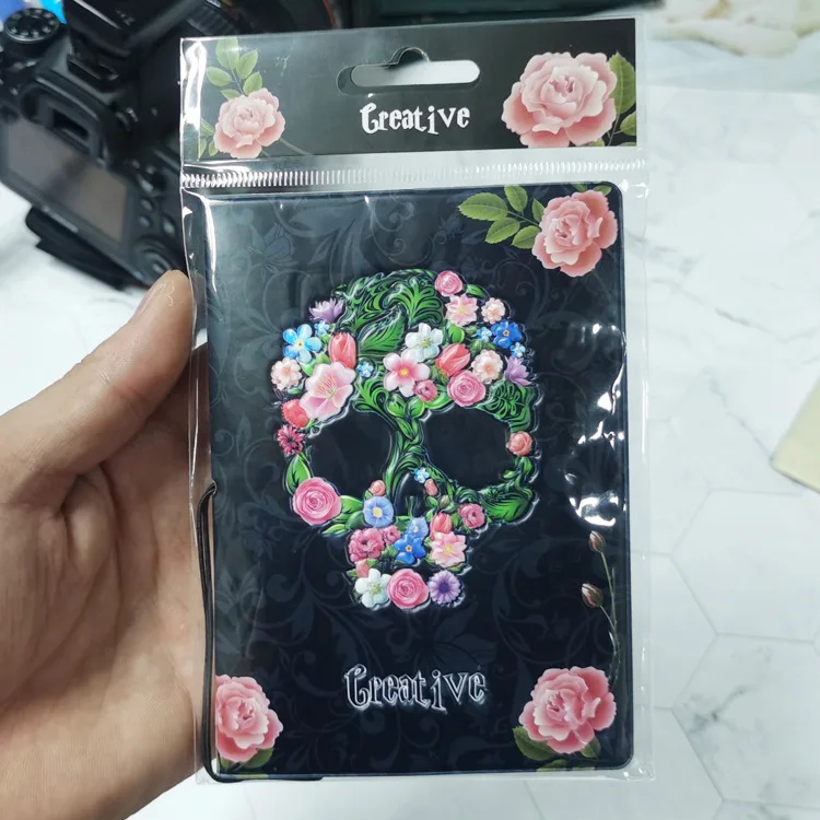 Cool Passport Covers Creative Black Skull Head Rose Alternative Stereoscopic Passport Case ID Card Case Passport Travel Supplies