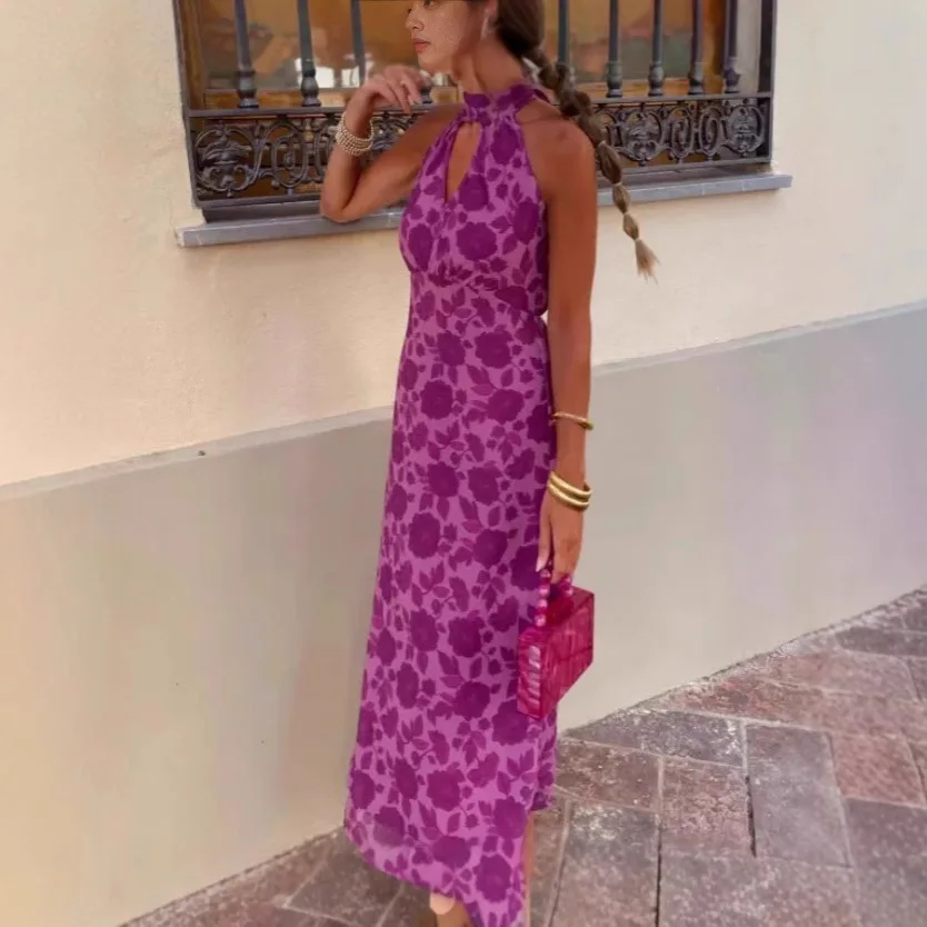 Abito lungo con scollo all'americana con stampa alla moda in stile francese da donna del nuovo arrivo 2025 Abito invernale seducente con scollo a V