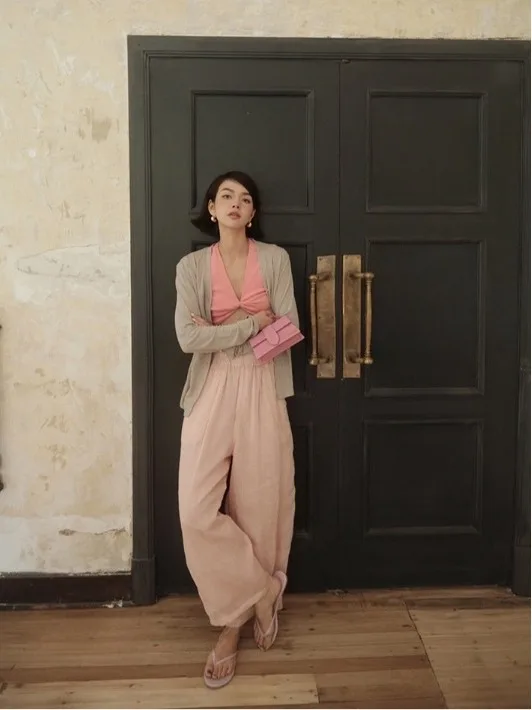 Pantaloni casual larghi Pantaloni lunghi da pendolarismo sottili a doppio strato da donna Pantaloni estivi rilassanti a gamba dritta a vita alta