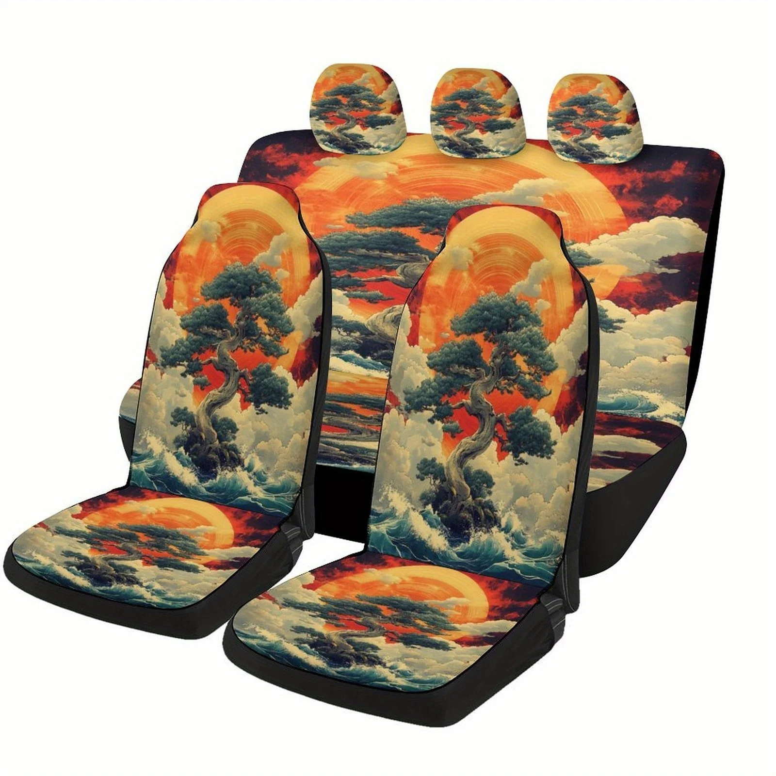 Set Of Car Seat Covers Featuring An Ocean Sunset And Tree Design, Suitable For Most Vehicles. This Trendy And Unique Full Set In