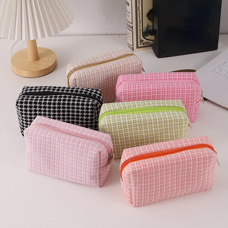 New Candy Color Plaid Square Three-dimensional Clutch Cosmetic Bag Makeup Pouch Travel Skincare Toiletries Organizer Pencil Bag