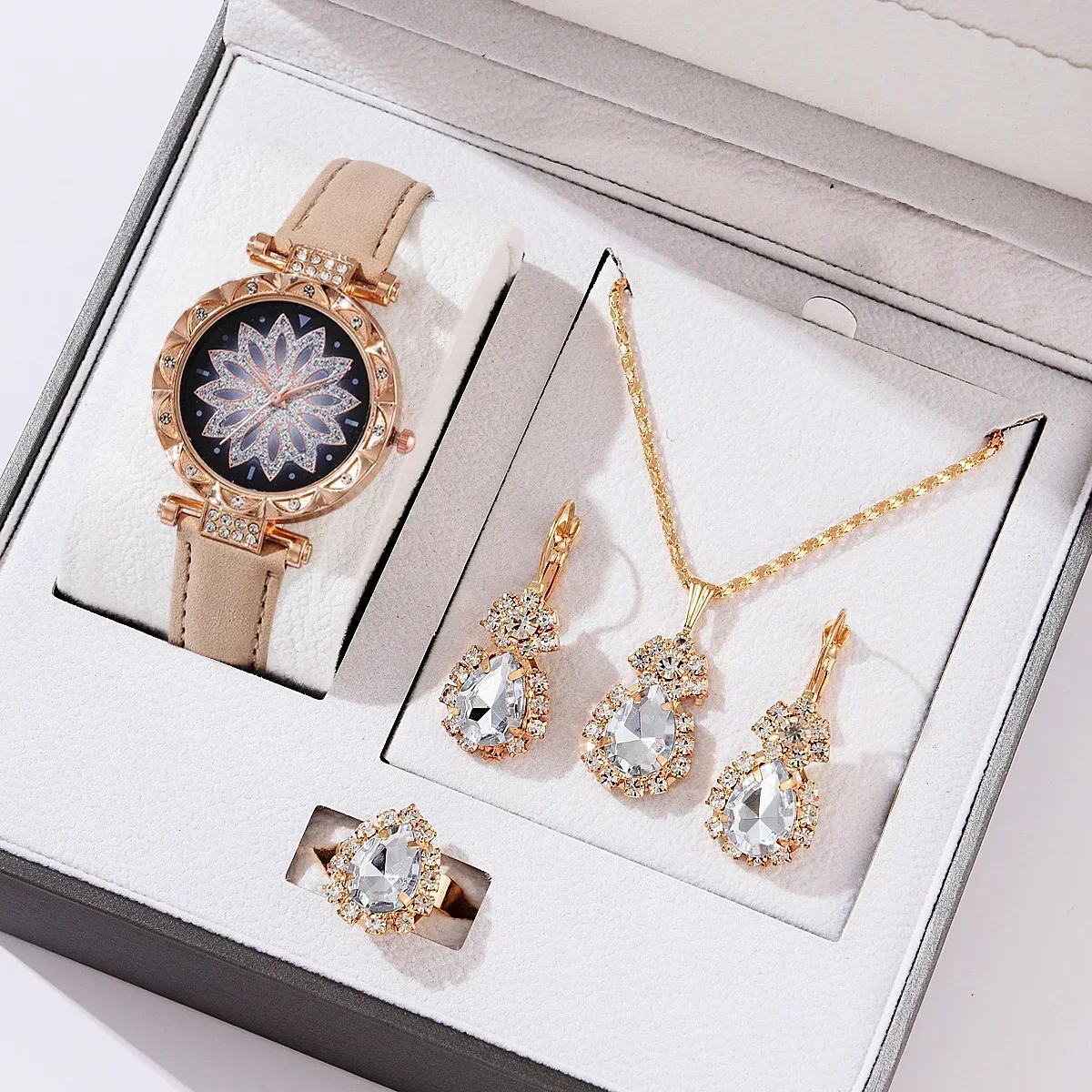 5PCS Set Rose Gold Luxury Watch Women Ring Necklace Earring Rhinestone Fashion Wristwatch Casual Ladies Bracelet( No Box)