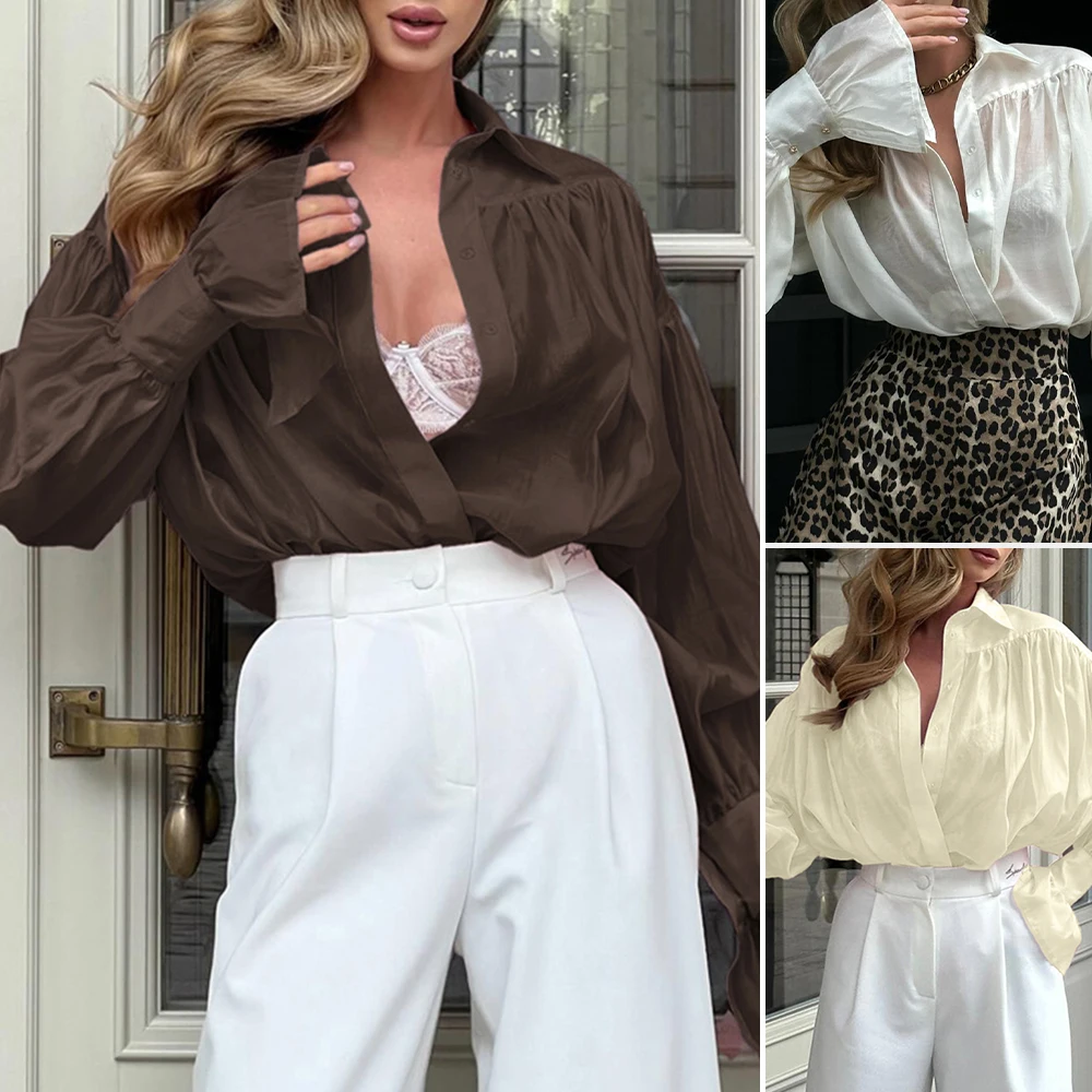 

Mia Muse Boutique, женские рубашки, лето 2022, большие размеры, с длинными рукавами-фонариками, рубашка с воротником на пуговицах, повседневные рубашки