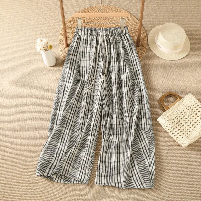 

Thin Casual Plaid Pants Women's Summer Lazy Style Belted Drawstring Casual Pants Cotton Fabric Nine Points Skinnies
