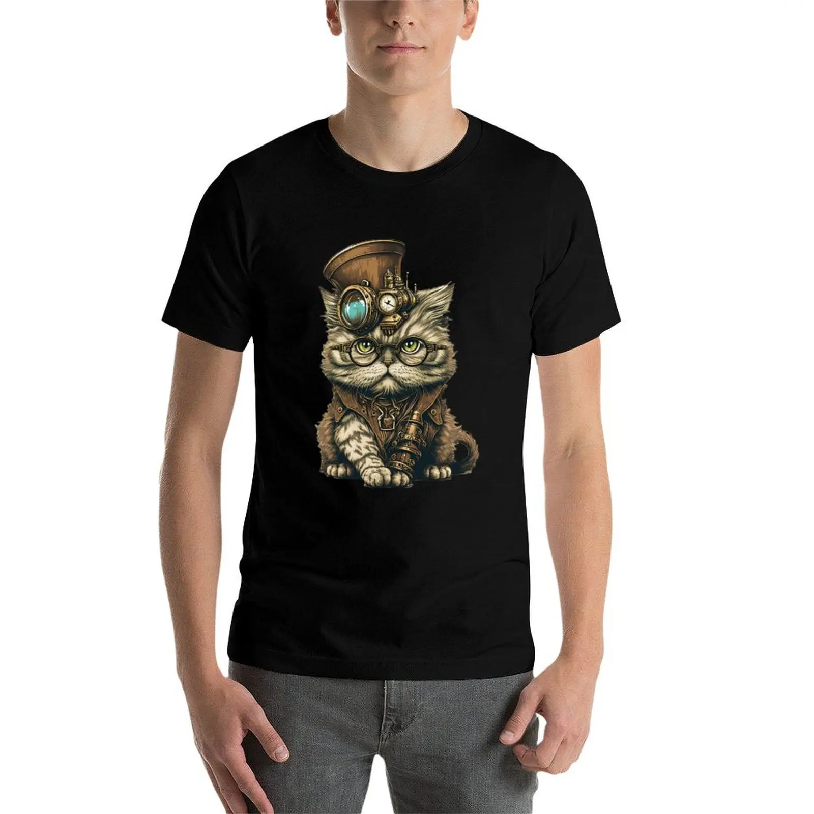 Steampunk Persian Cat Fantasy illustration T-Shirt anime stuff blacks custom shirt t shirts for men cotton image 4