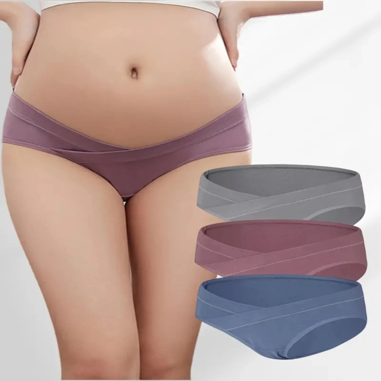 3pcs Solid Pregnant Panties, Cotton Breathable Plus Size Low Waist Underwear