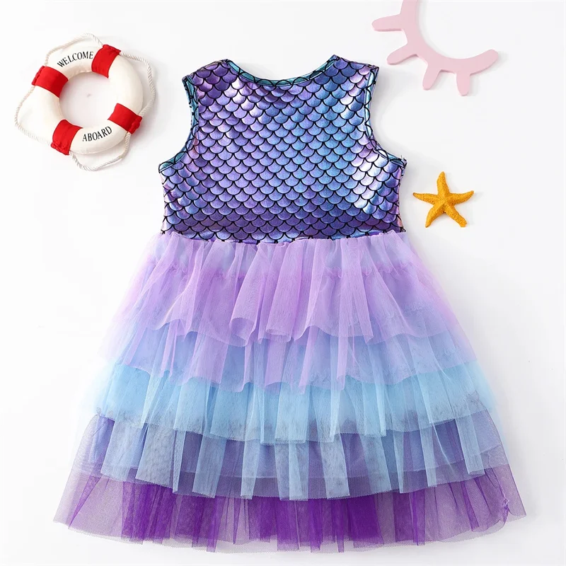 Girls Dress Summer Sleeveless Polyester Tutu Dresses For Girls 3-7 Years Girls Perform Mermaid Dress Knee-Length