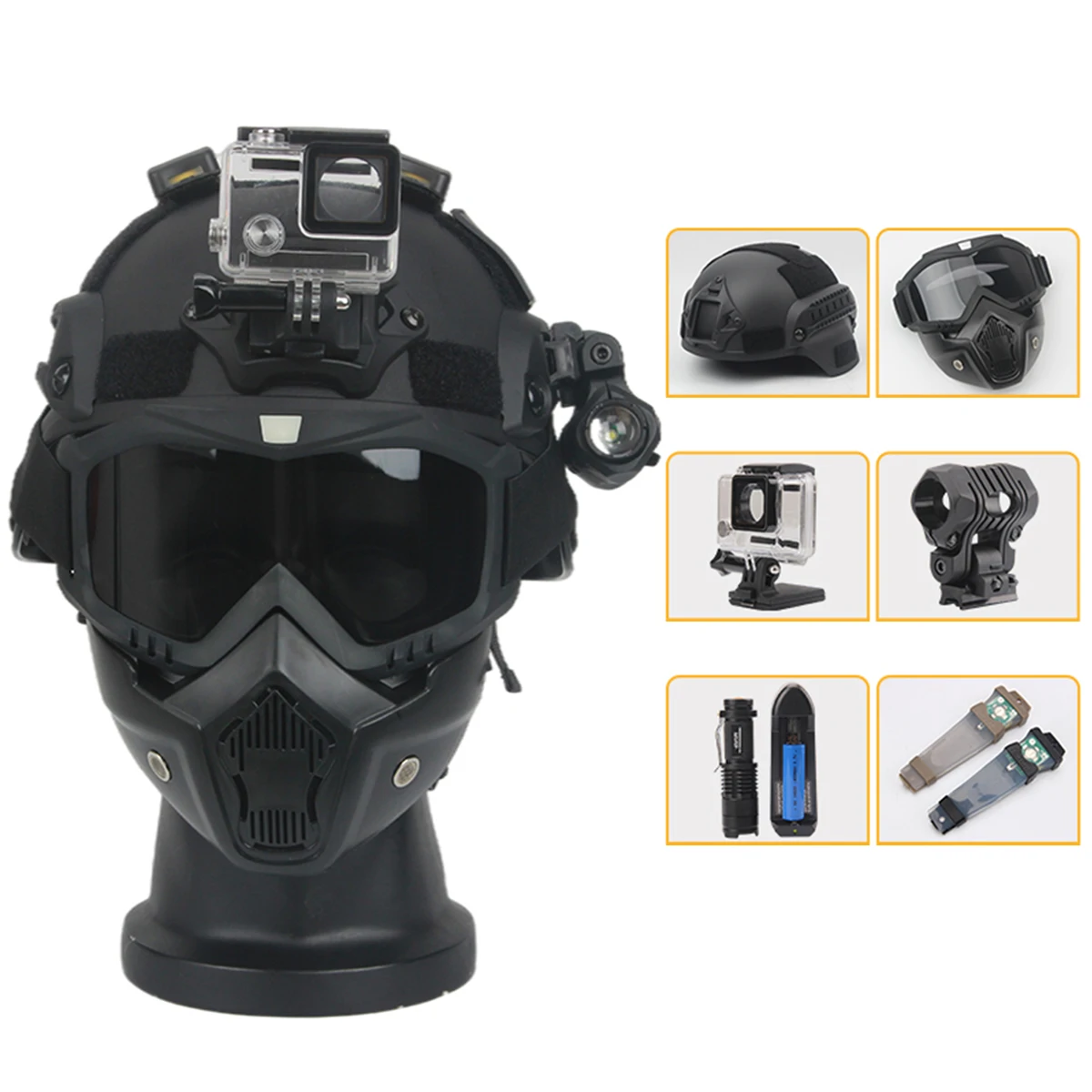 Tactical Helmet Set with Flashlight &signal Light& Action Camera Mount for Ski Motorcycle CS Field Video Photography Hunting