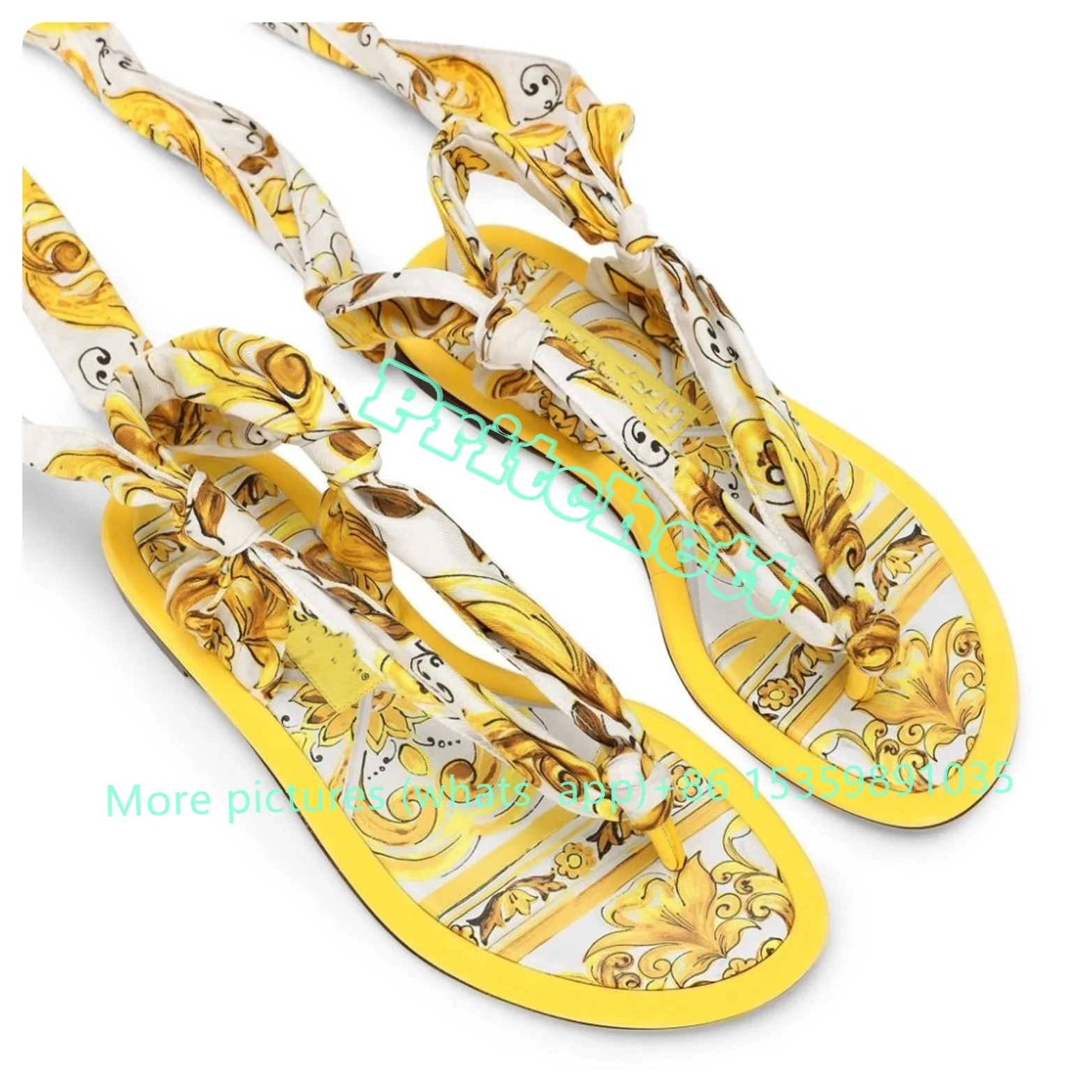 Round Peep Toe Split Toe Flats Slippers Ribbon Ankle Lace-up Yellow Print Summer Women Shoes 2024 New Luxury Arrivals Party