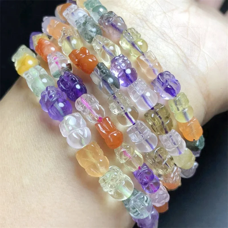 Natural Mixed Crystal Pixiu Bracelet Handmade Crystal Quartz Jewelry Stretch Bangle Children Birthday Gift 1pcs