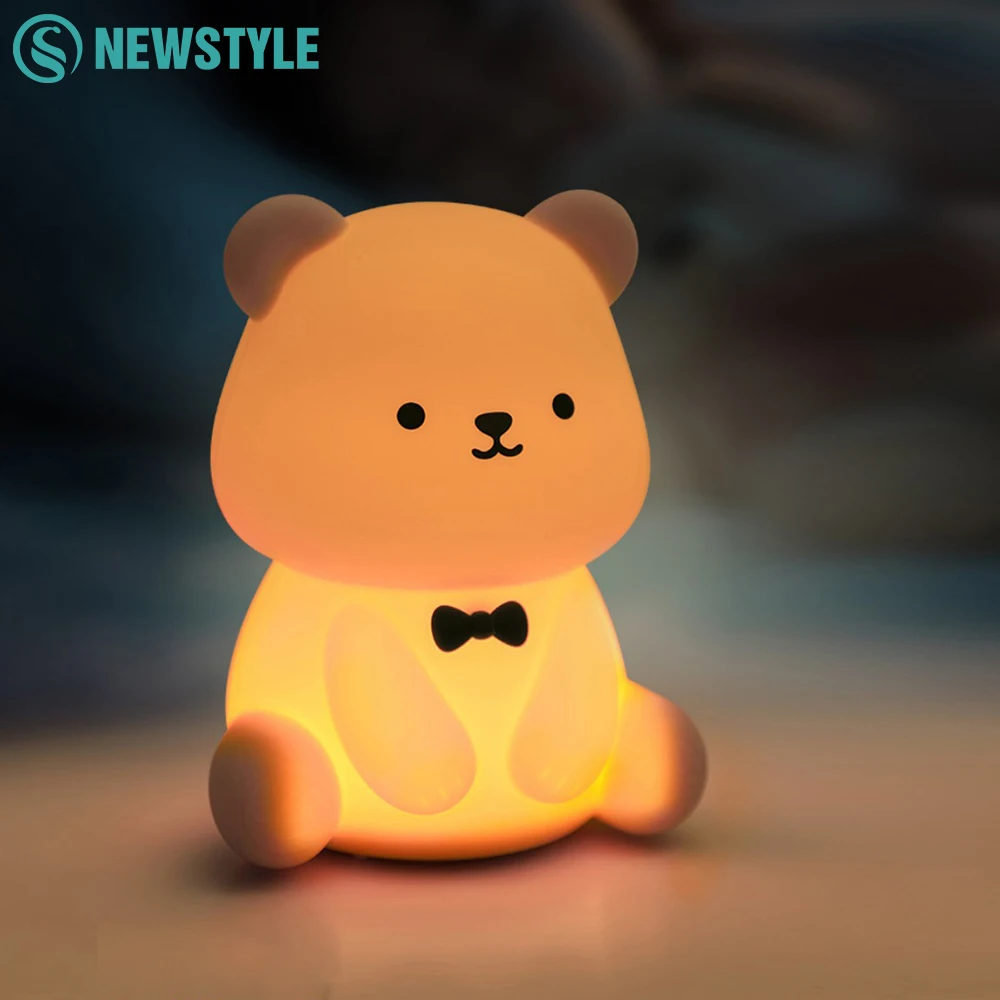 Silicone Teddy Bear Fun Night Light 3 Level Dimmable Nursery Light Colorful Warm White Sleeping Beside Lamp For Bedroom