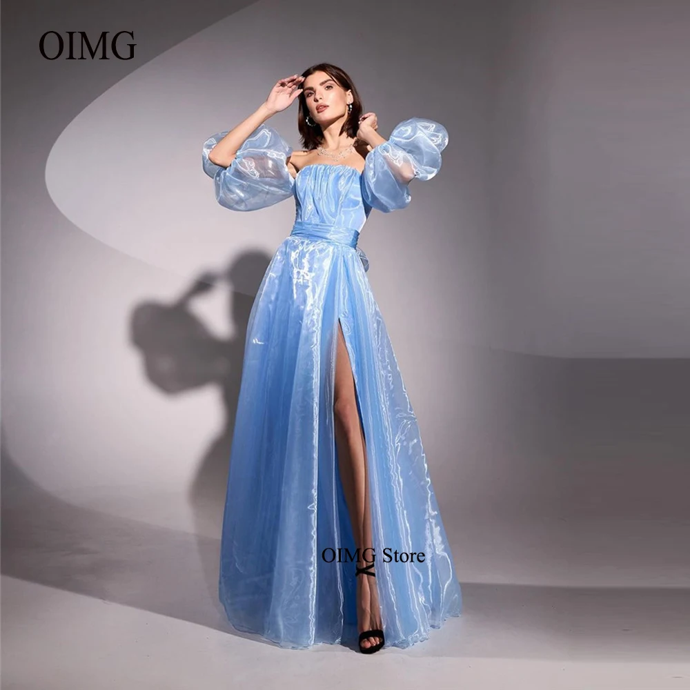 

OIMG Light Blue Silk Organza Evening Dresses Strapless Puff Short Sleeves Slit Formal Prom Gown Women Simple Wedding Party Dress