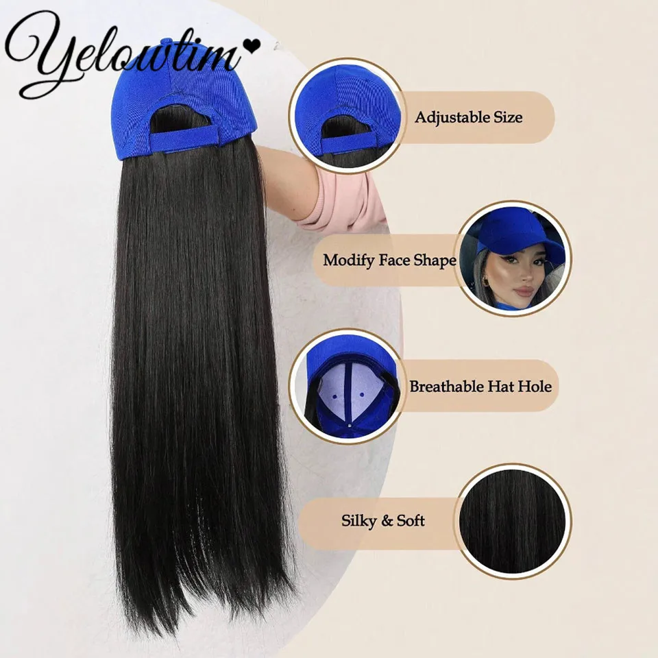 Baseball Cap with Hair Extensions Synthetic 22inch Straight Hairstyle Adjustable Wig Hat Attached Hairpiece for Woman Girl