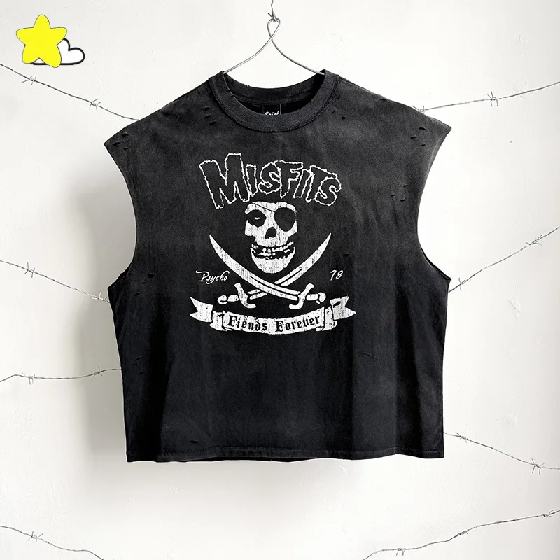 Hip Hop Skull Print Vintage Washed Black Damaged Hole Saint Sleeve-Cut T Shirt Men Women 100% Cotton Oversized Tank Tops Tag
