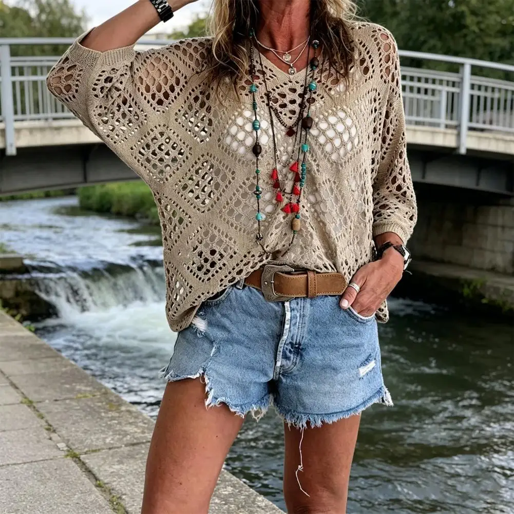

Summer Shirt Lightweight Summer Blouse Bohemian Crochet V-neck Top Summer Hollow Knit Cover-up Loose Fit Half Sleeve Beachwear