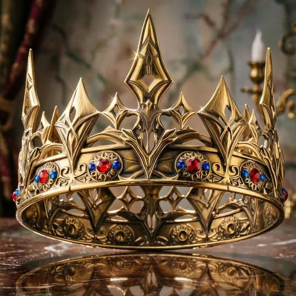 Vintage King Crown Headpiece Cosplay Gothic Red Rhinestone Medieval Queen Tiara Halloween Wedding Party Carnival Headwear Props