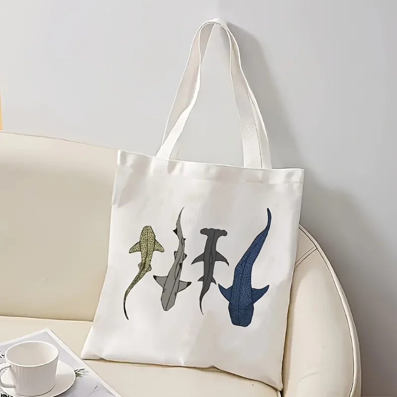 A Cartoon shark print canvas tote bag, suitable for daily use, shopping, school, and travel