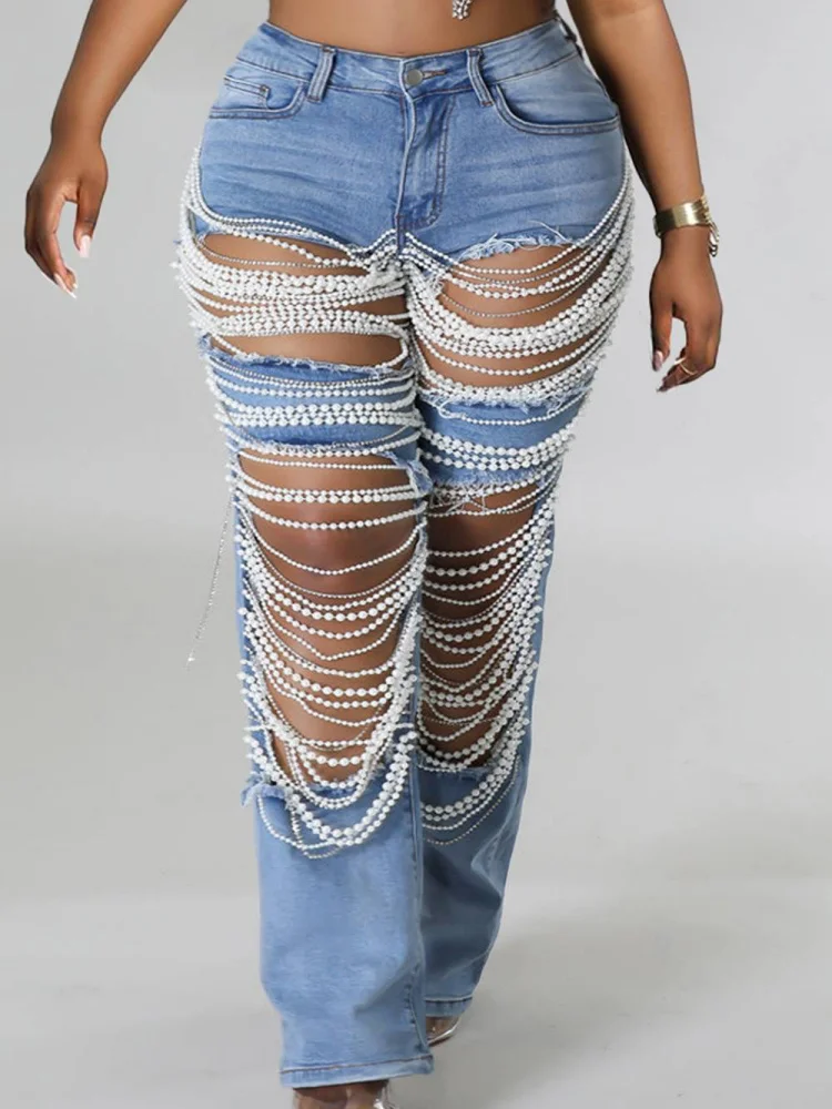 Women High Waist Ripped Wide Leg Jeans Multi Layer Pearl Chain Fringe Decor Raw Hem Street Flare Pants