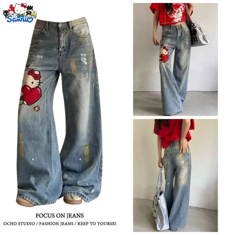 

Sanrio Hello Kitty New 2025 Cartoon Cute Jeans Creative Women's Loose and Comfortable Straight Leg Wide Leg Pants Holiday Gifts