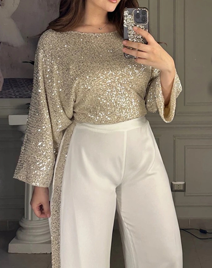 

Women's two-piece contrasting color patchwork bat sleeve round neck top contrasting sequin wide leg pants casual pants set