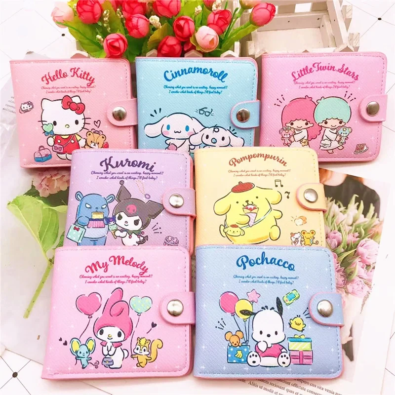 

2024 Kawaii Hello Kitty Cinnamoroll My Melody Kuromi Sanrio Casual Money Bag Coin Purse Card Holder Wallet with Buttons Gift