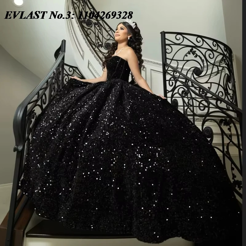 

EVLAST Customized Black Quinceanera Dress Princess Off Shoulder Sequined Sweet 15 Birthday Party Gown Vestido 15 De Años E3Q162