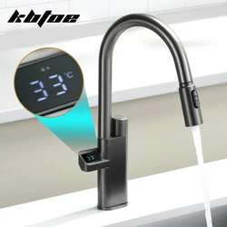 Gun Grey Luxury Pull Out Kitchen Washing Faucet LED Digital Display Hot and Cold Water Sink Mixer Tap Deck Mounted Brass Crane