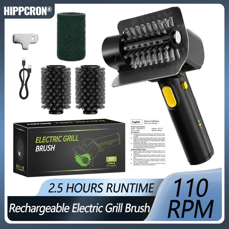 Hippcron Elektrische Grillbürste, 2,5 Stunden Laufzeit, 1100 U/min, Bürste aus Edelstahl 304, geeignet für Grillreinigungswerkzeuge im Freien