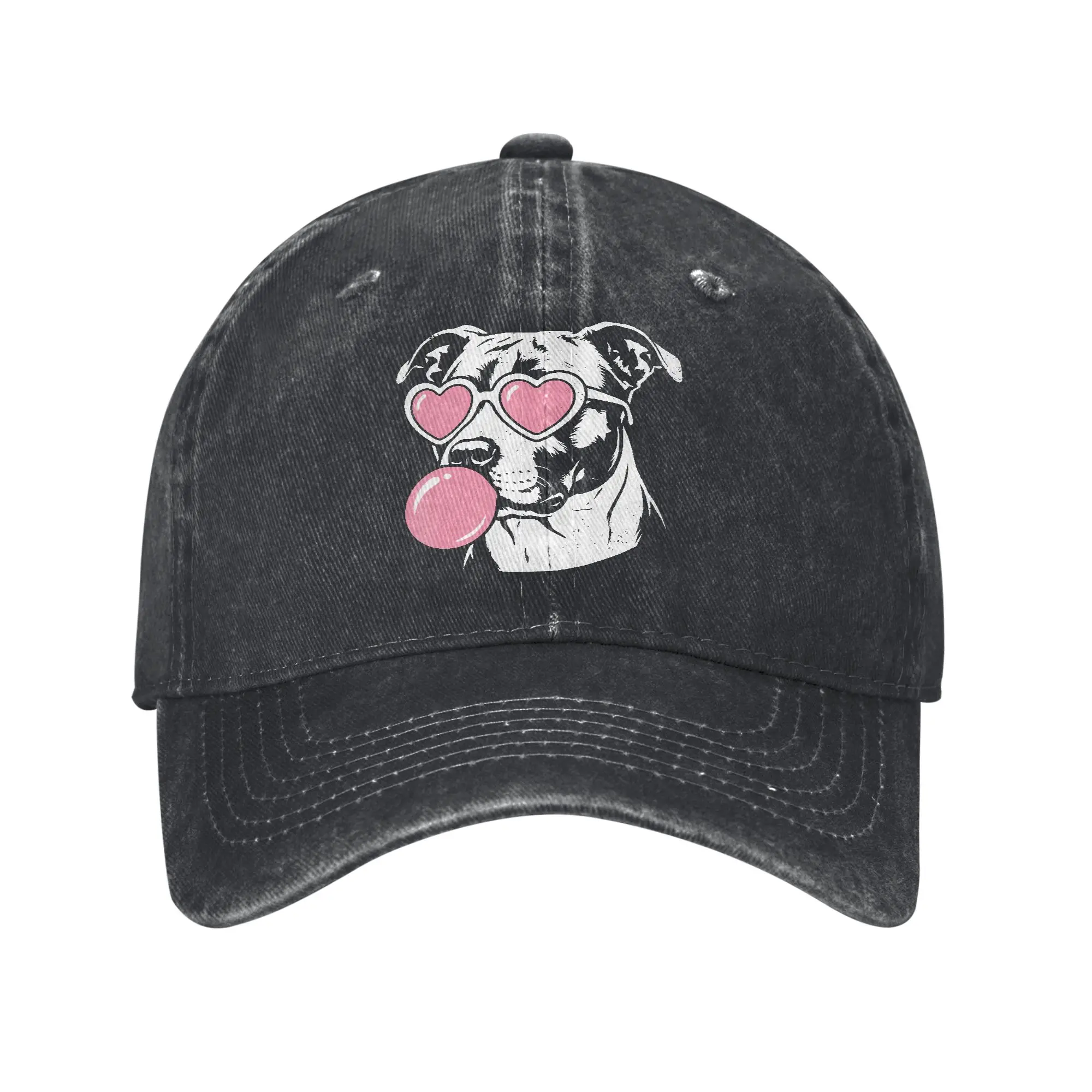 American Staffordshire Terrier Dog Bubble Gum Pink Glasses Washed Baseball Cap  Trucker Hat Summer Men Tennis Skate Snapback Cap