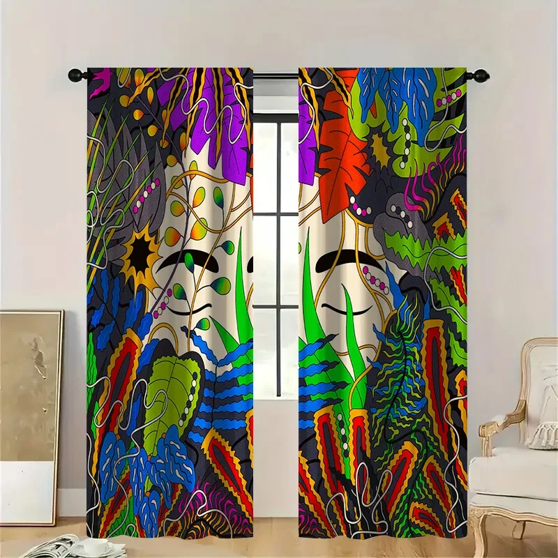 2pcs Surreal Tropical Goddess Curtains with Rod Pocket, Vibrant Botanical Face Print Sheer, Artistic Statement for Modern Room