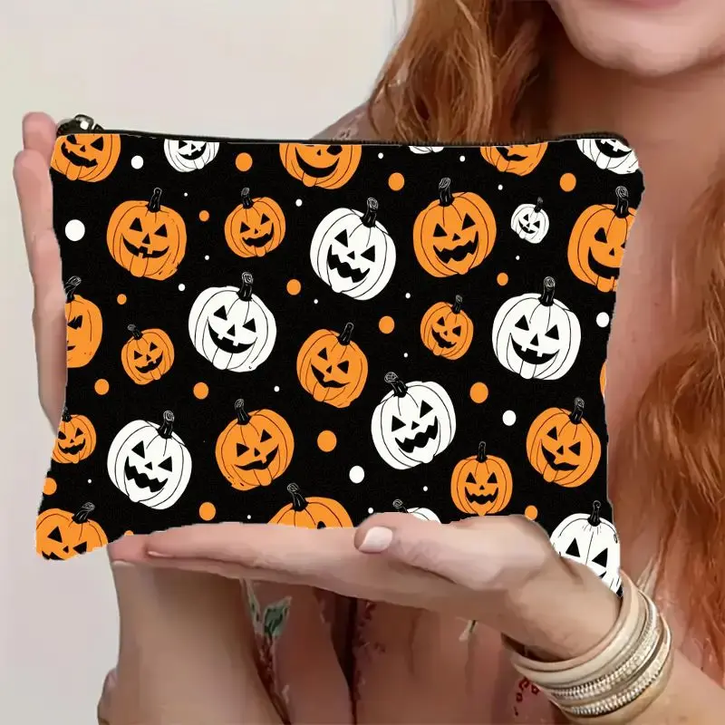 1pc Halloween Jack-o'-lantern Makeup Bag perfect for storing cosmetics, stationery, cables, snacks, toiletries, and essentials