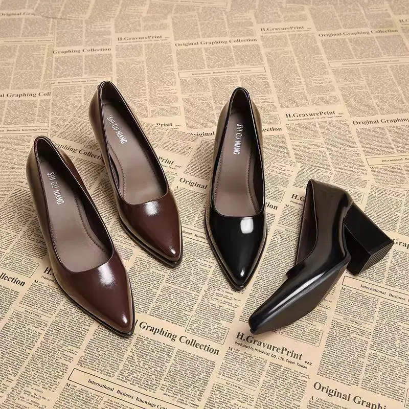 2026 Neue Frühlings-Damen-Pumps Modische Spitze Slip-On Schuhe Elegante Arbeitsschuhe mit Dickem Absatz aus Leder – Detail 7