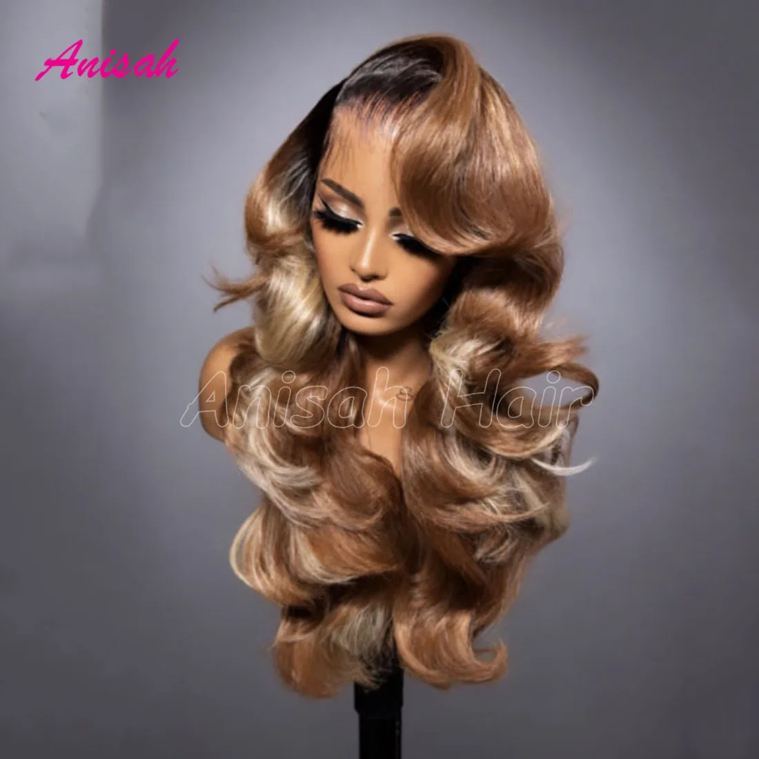 Ombre Brown Honey Blonde Balayage Body Wave Human Hair Lace Front Glueless Wig Fluffy Colored Human Hair Wig