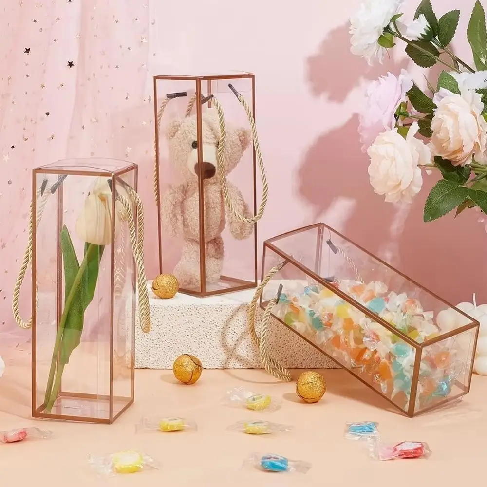 

12Pcs/Set New Plastic Transparent Favor Boxes Clear with Golden Borders Treat Gift Boxes Hand Loop Rectangle Candy Box