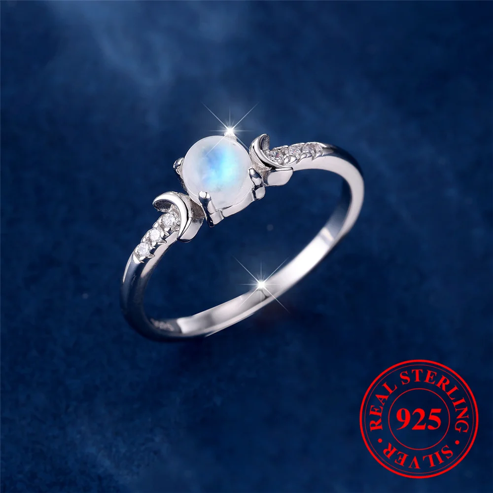 Female Cute Small Round Nature Moonstone Ring Vintage Real 925 Sterling Silver Moon Wedding Jewelry For Women