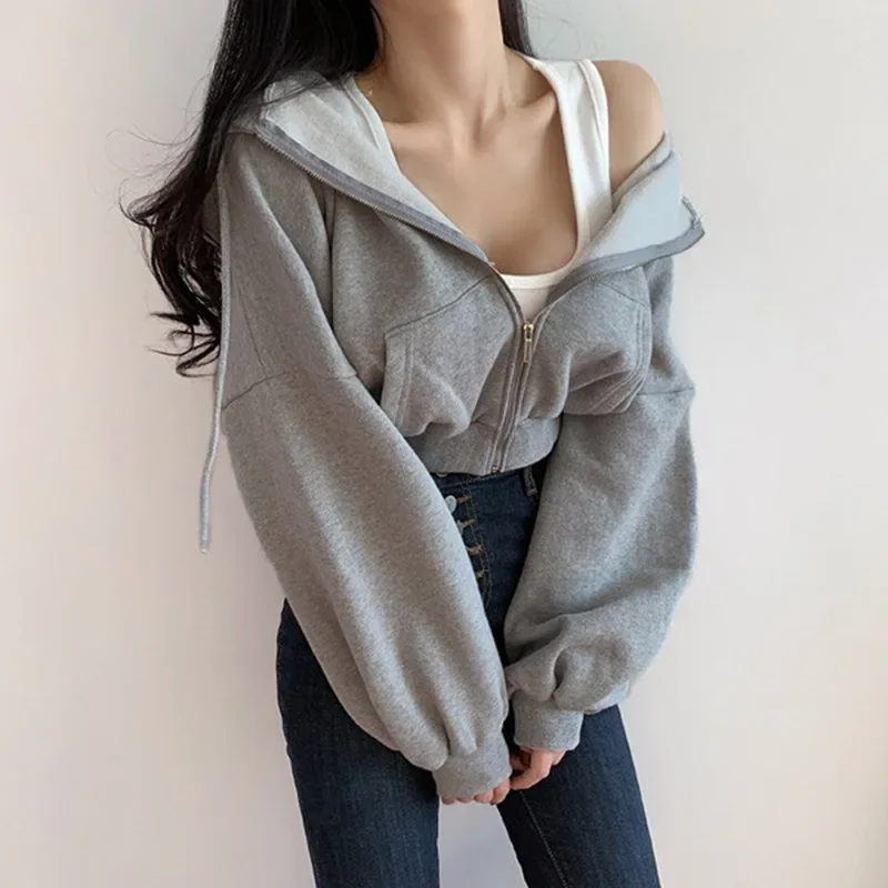 

Korean Women Zipper Basic Short Jackets Grey 2022 Autumn Winter Long Sleeve Hoody Sweatshirts Casual Hooded Streetwear Y2k Coats