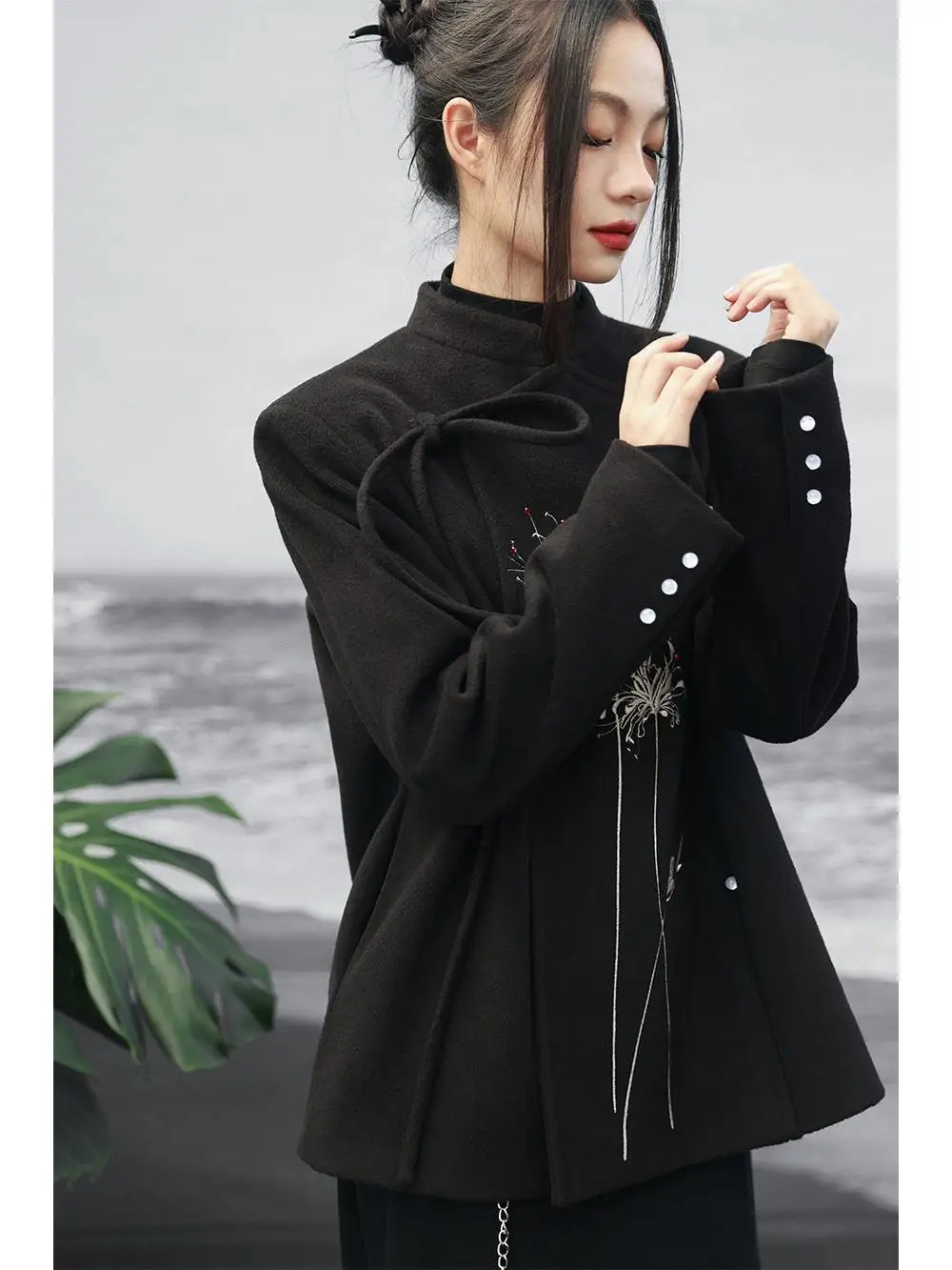 UMI MAO Woolen Short Jacket Women New Chinese Style Cross Shore Flower Embroidery Design Sense Black Padded Shoulder Jacket Top