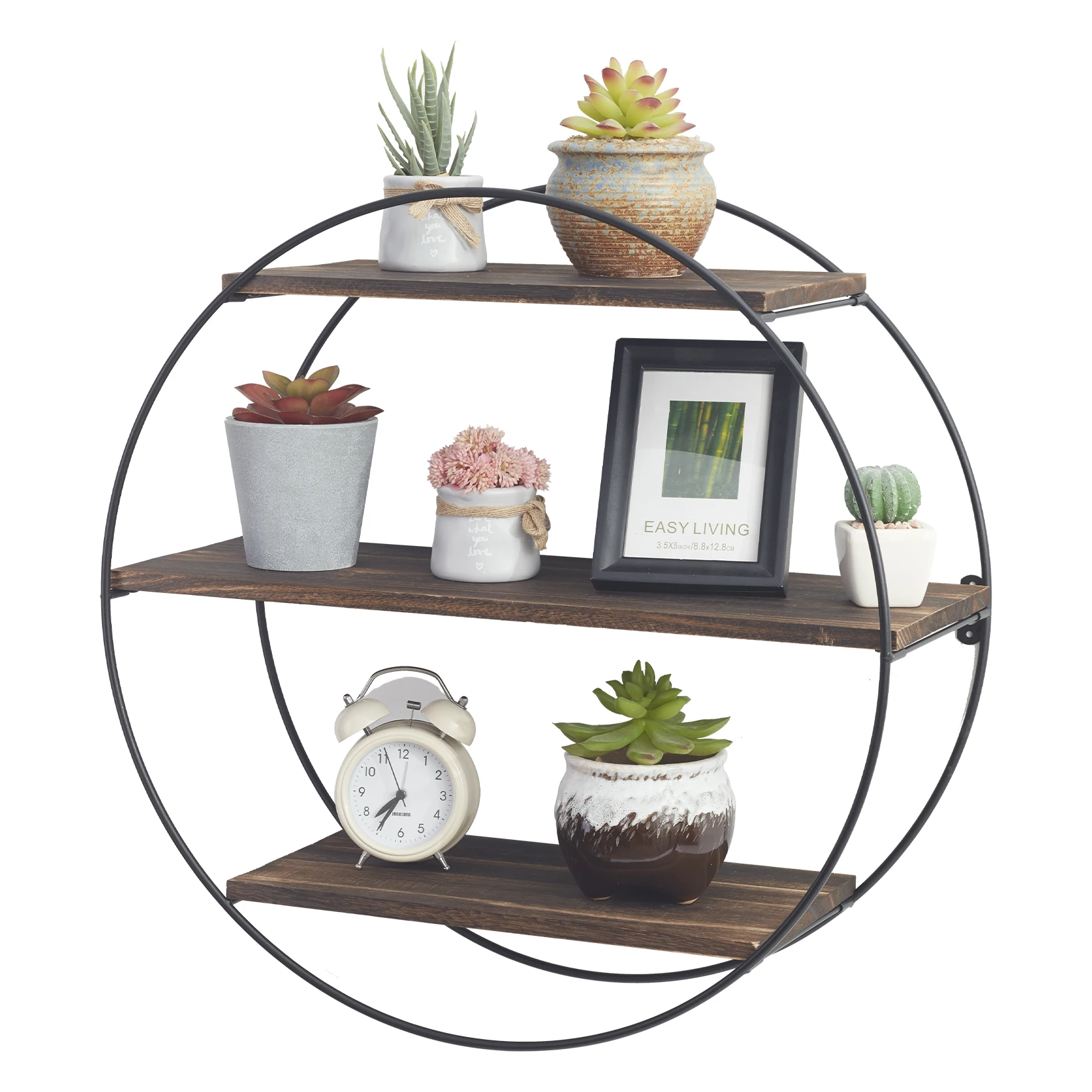 

Wall Mounted Floating Shelves Round Wood and Metal 3 Tier Wall Display shelves Storage Organiser