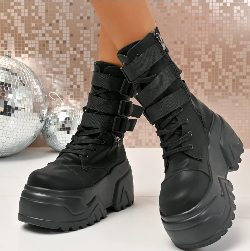 

Women Ankle Booties Autumn Leather Chunky Shoes Woman High Platform Breathable Sneakers 9CM Thick Sole Wedges Motorcycles Boots