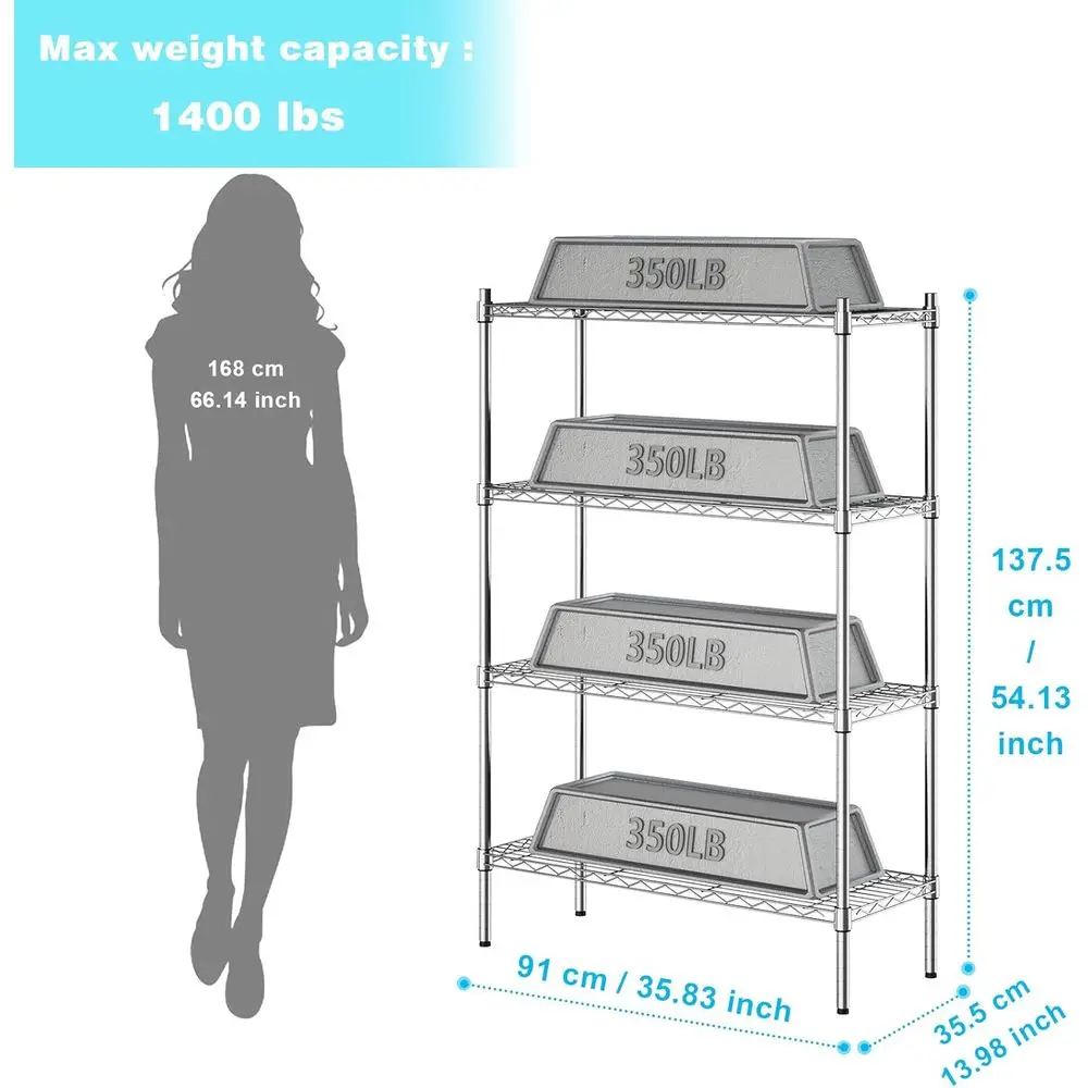 頑丈な4段調節可能なメタルワイヤーシェルフユニット、クロム仕上げ