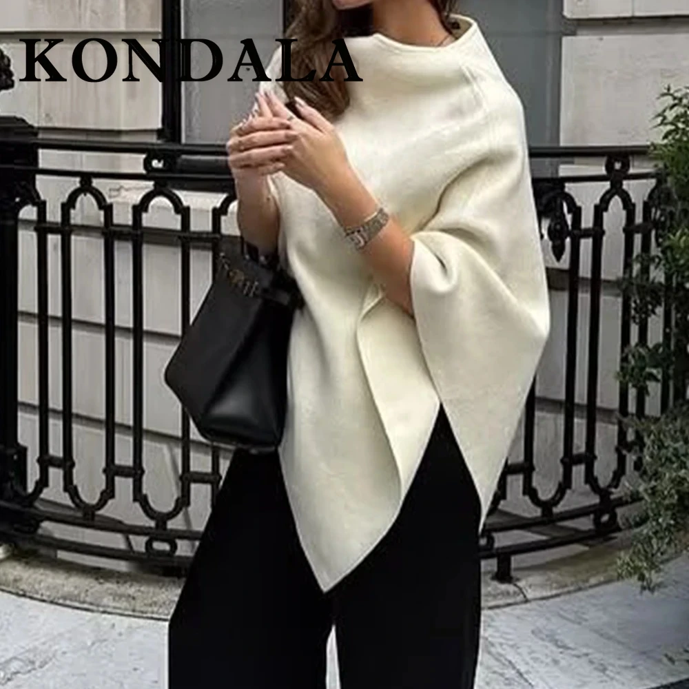 KONDALA Chic Spring Streetwear Irregular Women‘s’ Sweater Fashion 2025 Asymmetric Knitted Elegant Pleated Solid Beige Sweatwear