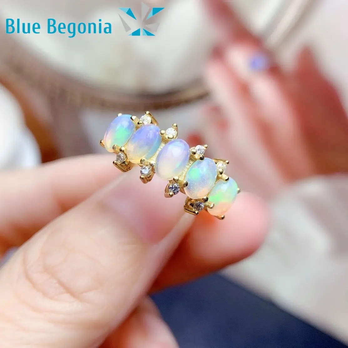 Natural Australia Opal Ring 5pcs 4*6MM Gemstone 925 Sterling Silver Jewelry for Women Wedding Engagement Gift